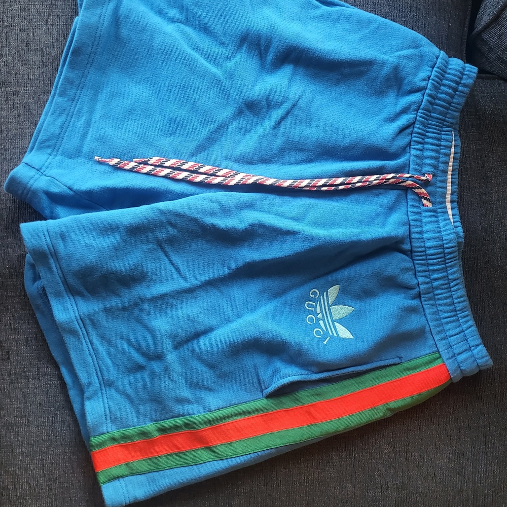 Gucci X Adidas Blue Shorts Red & Green Trim and Yellow Logo Patch Oversized